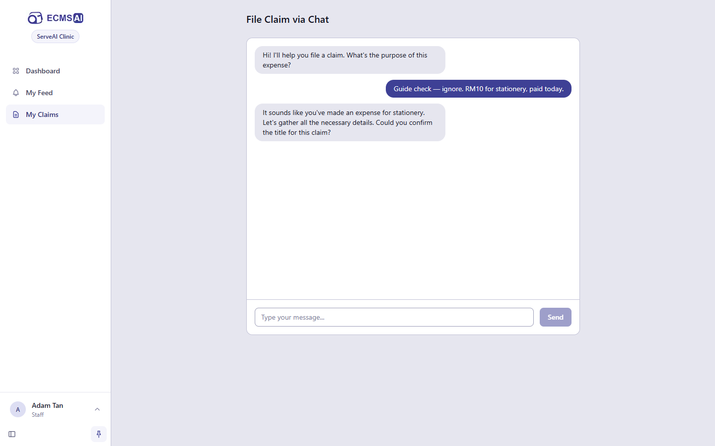 Filing a claim via chat