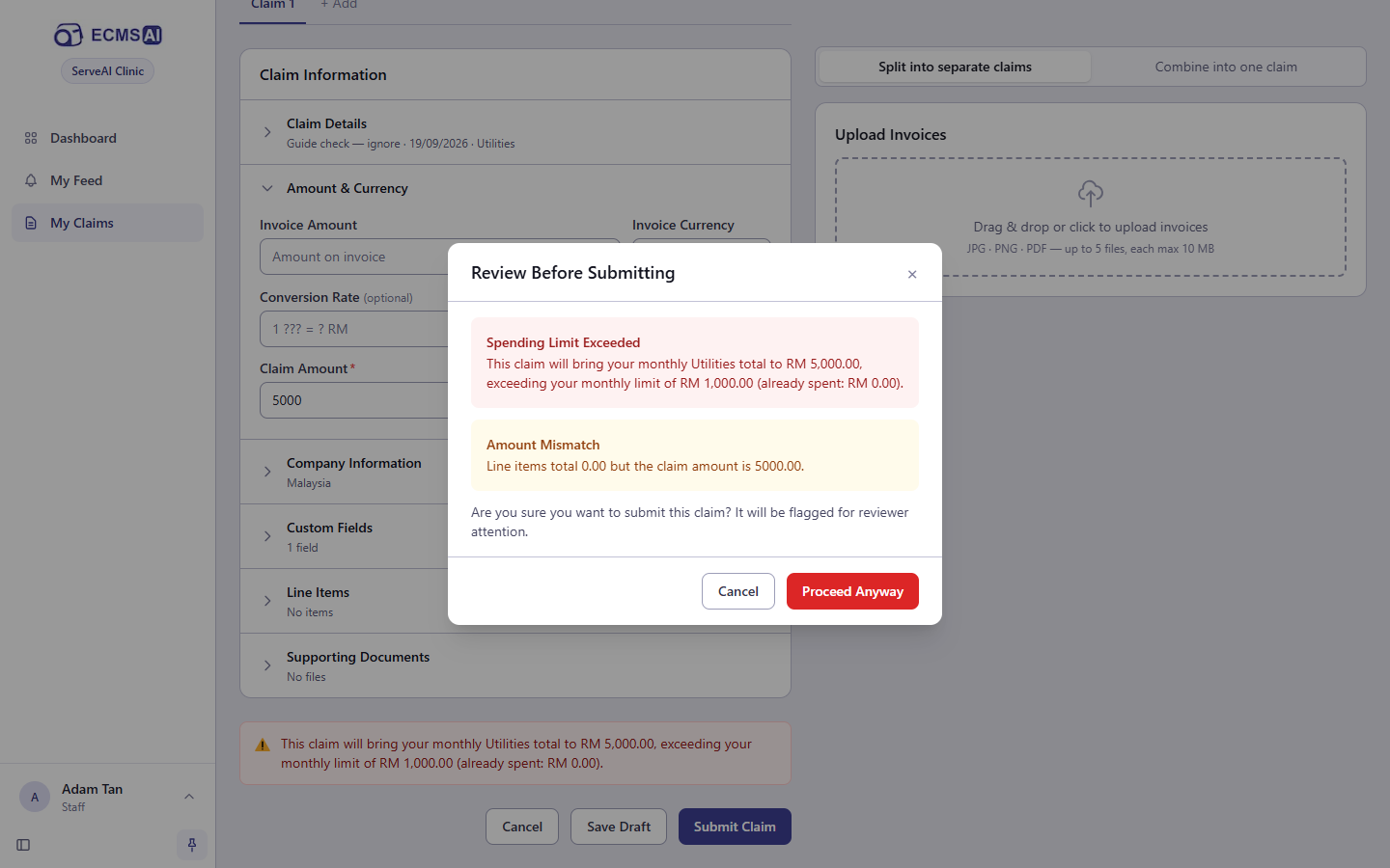 The spending-limit warning shown before submitting