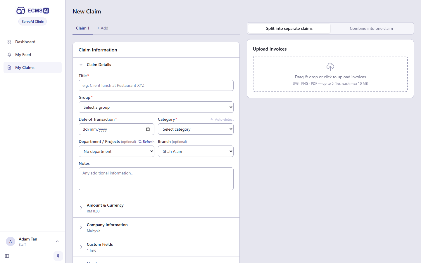 A new, blank claim form