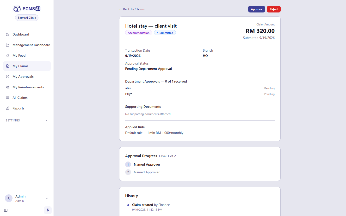 A claim's detail page, with its buttons, quorum progress and history
