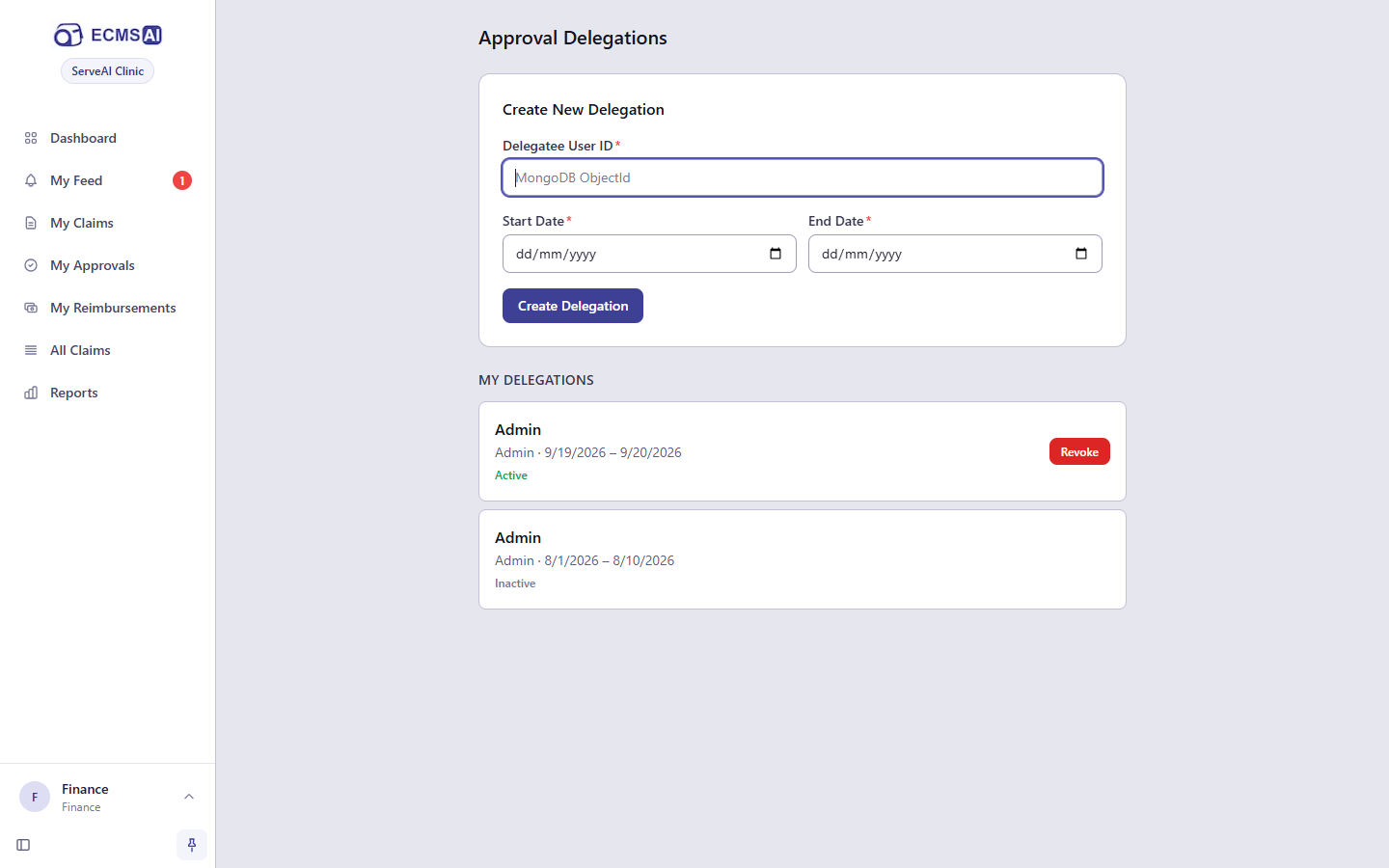 The Delegations page, with a new delegation created