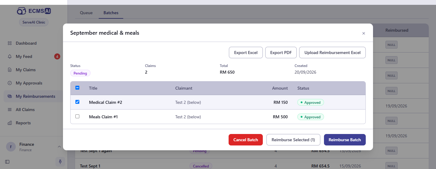 A batch's detail view, with one claim ticked and its own Cancel Batch / Reimburse Selected / Reimburse Batch buttons