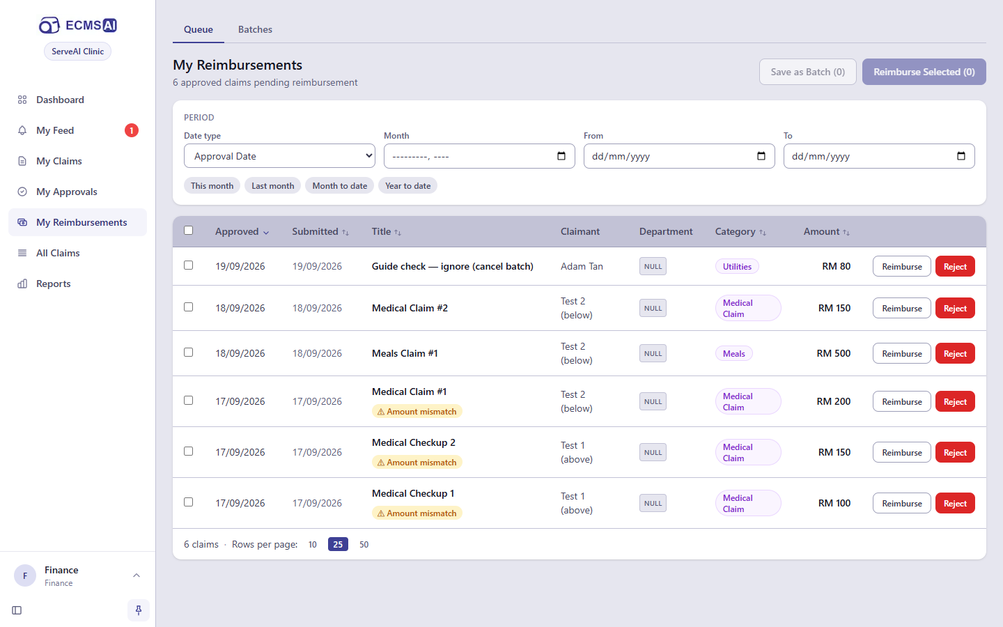 The My Reimbursements Queue tab, with approved claims waiting to be paid