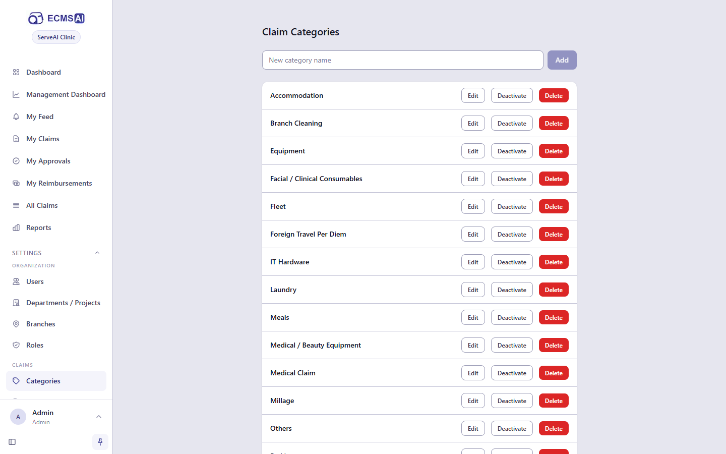 The Claim Categories page, listing every category with Edit, Deactivate and Delete