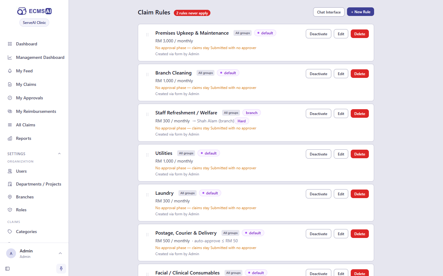 The Claim Rules list, showing each rule's categories, scope and limit